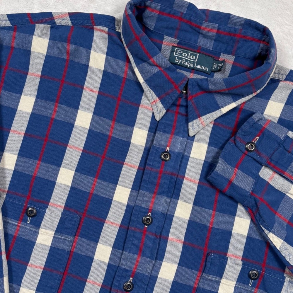 Polo Ralph Lauren Button Down Shirt Men 3XB BIG TALL Blue Plaid 2 Pockets Heavy